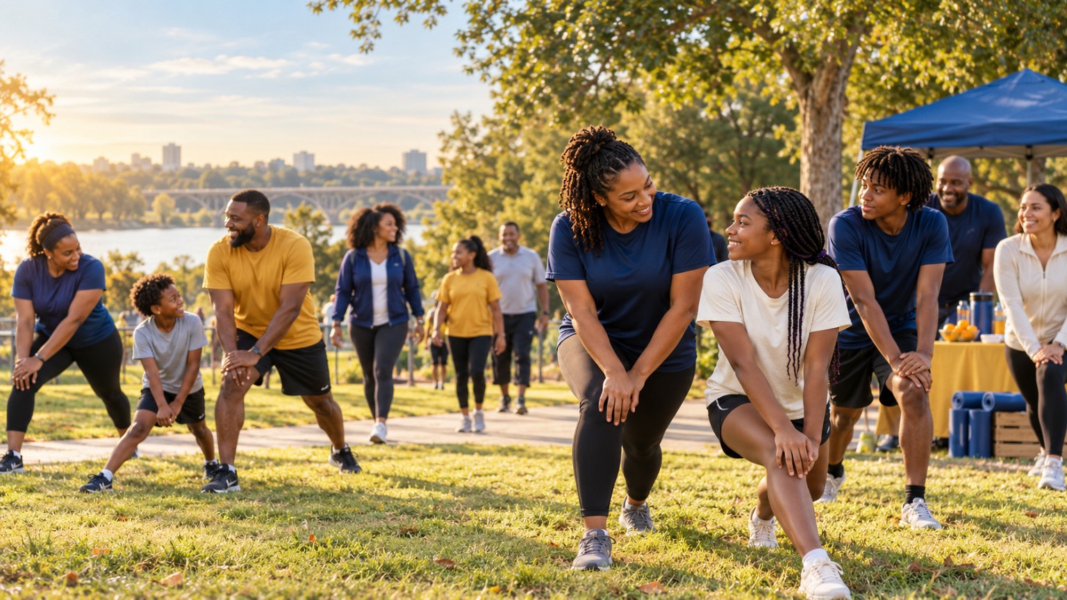 Adults and families participating in an outdoor wellness activity.