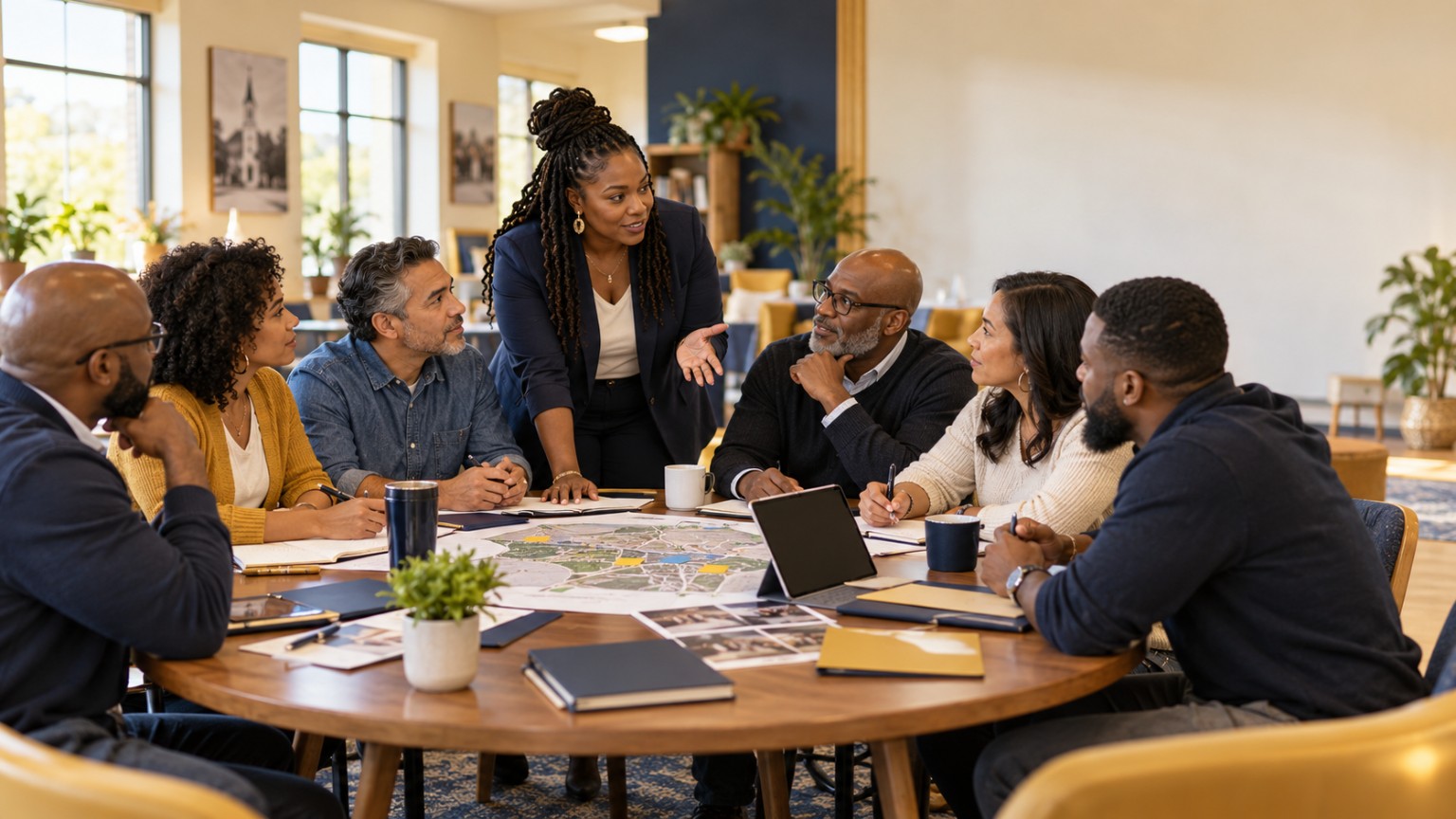 Community leaders planning programs and opportunities together around a table.