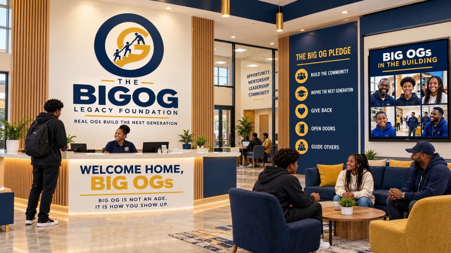 Architectural concept of the future BigOG Legacy Foundation community center lobby.