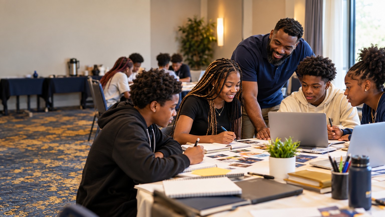 A mentor guiding teenagers during a collaborative learning workshop.