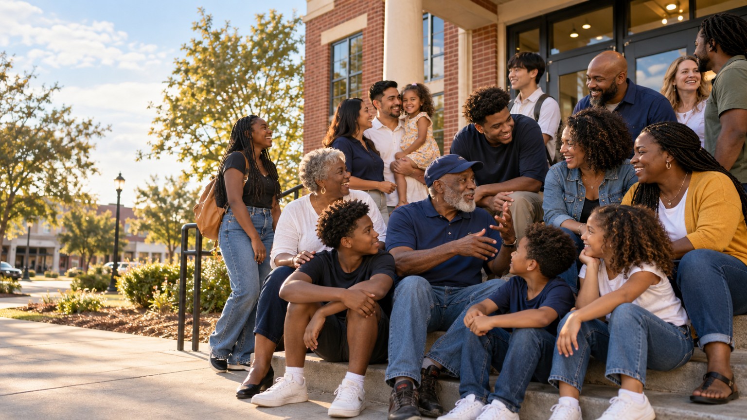 A multigenerational Black family gathered outdoors in community.