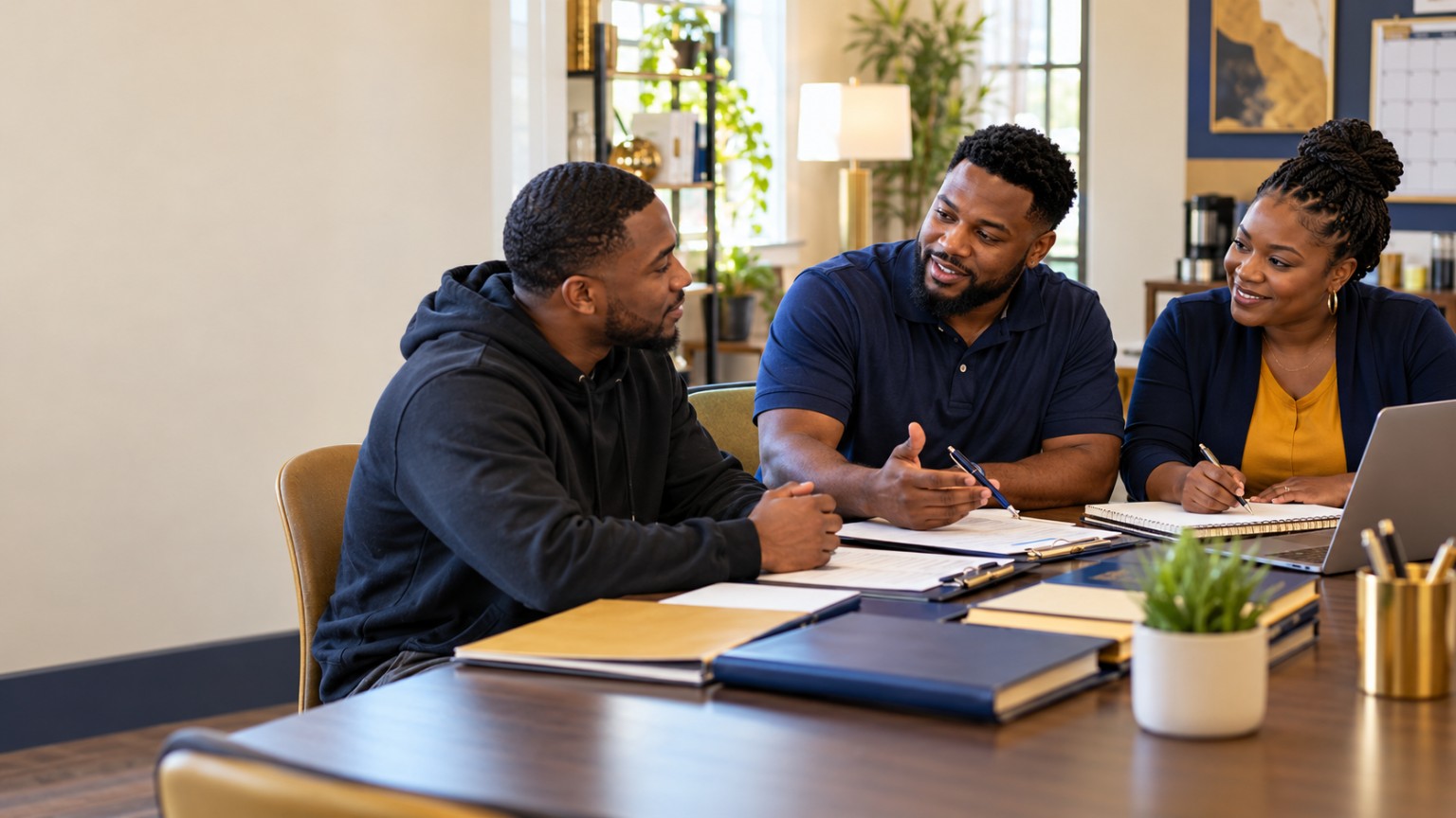 Community members discussing goals during a small-group coaching session.