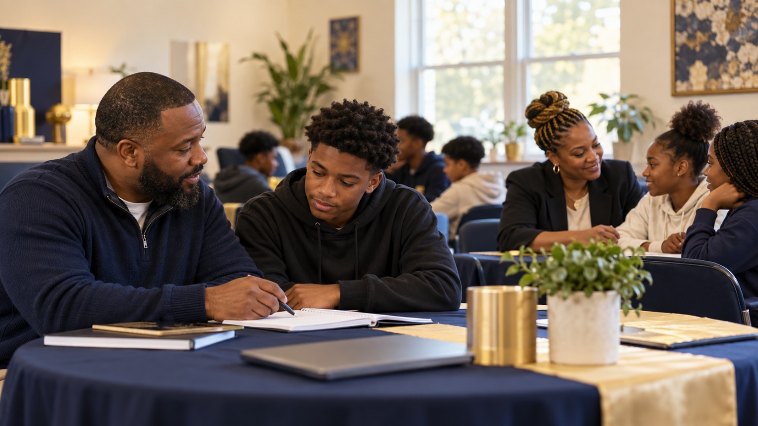 A mentor working one-on-one with a teenage student during a study session.