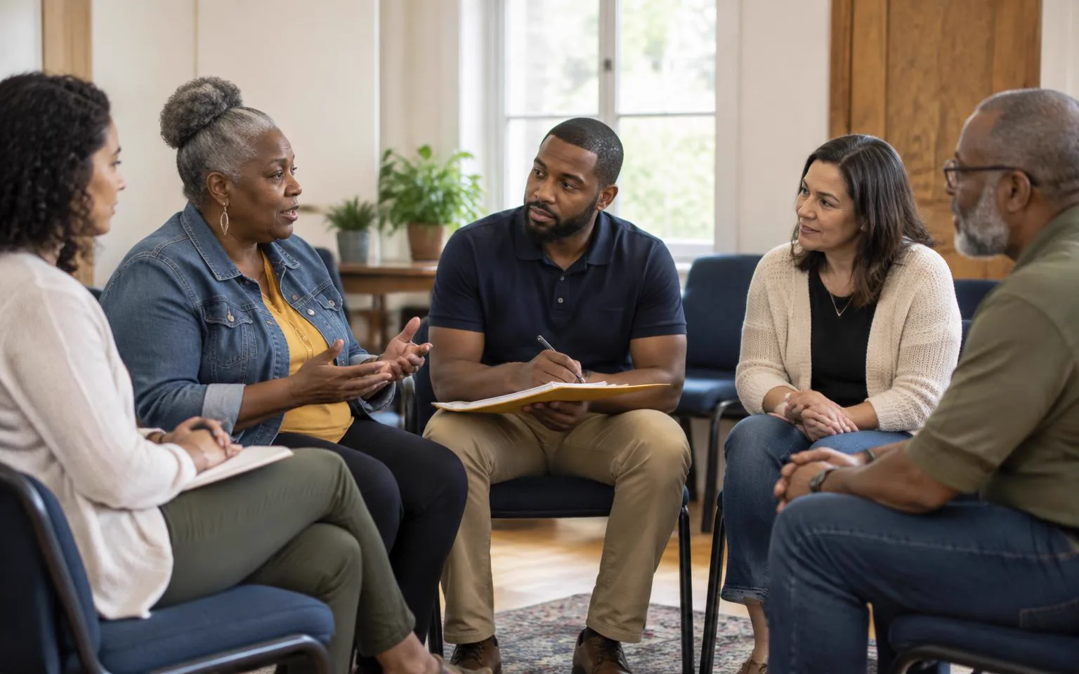 Community members listen as an older adult shares her perspective in a small discussion circle.