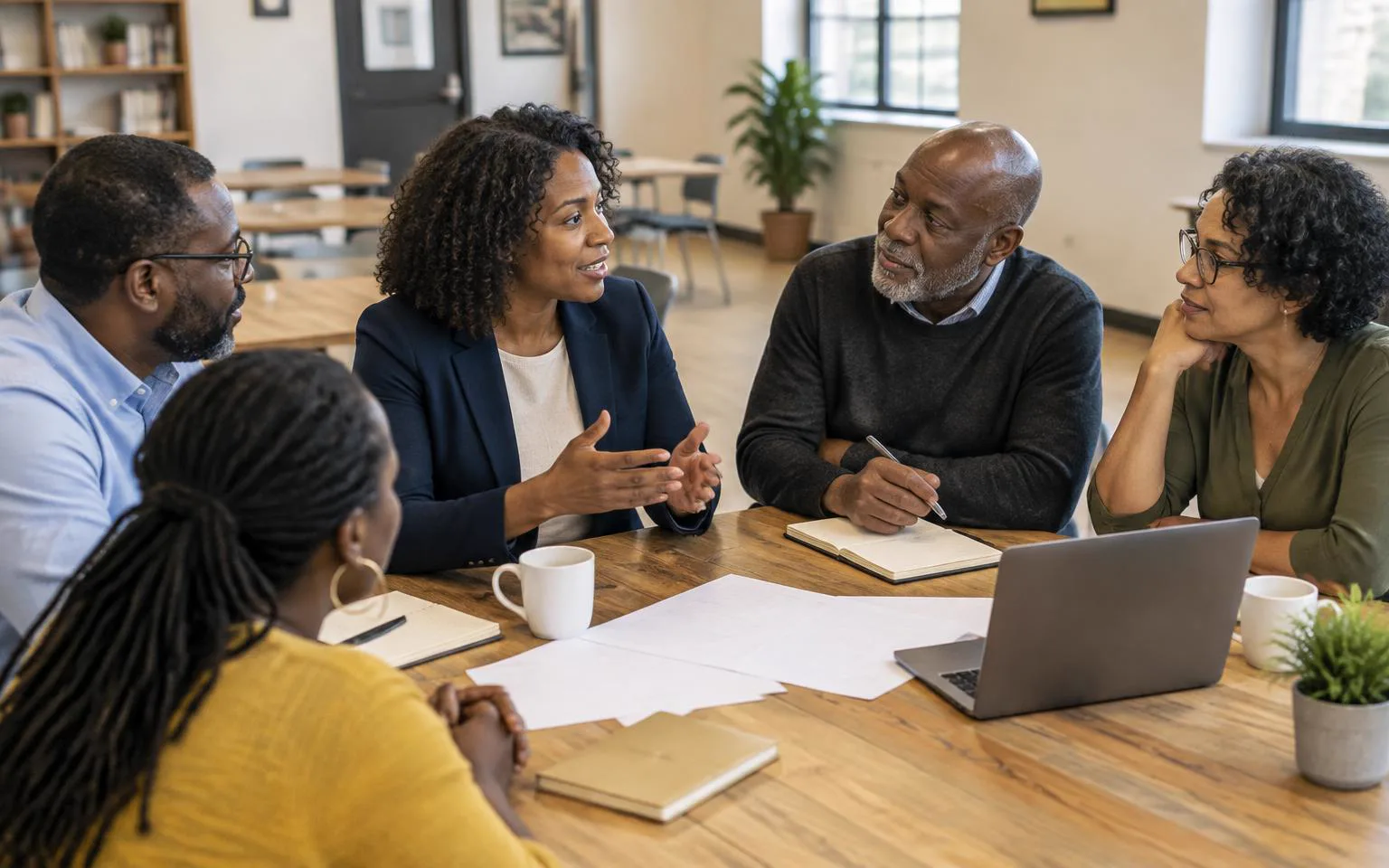A multigenerational group of community representatives collaborates around a planning table.
