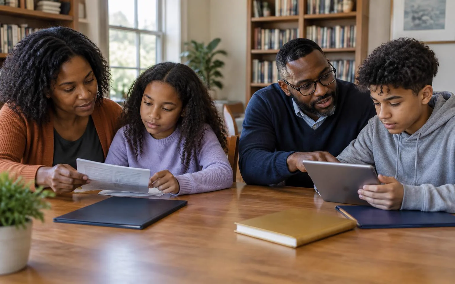 A family and mentor help two young people use printed and digital learning resources.