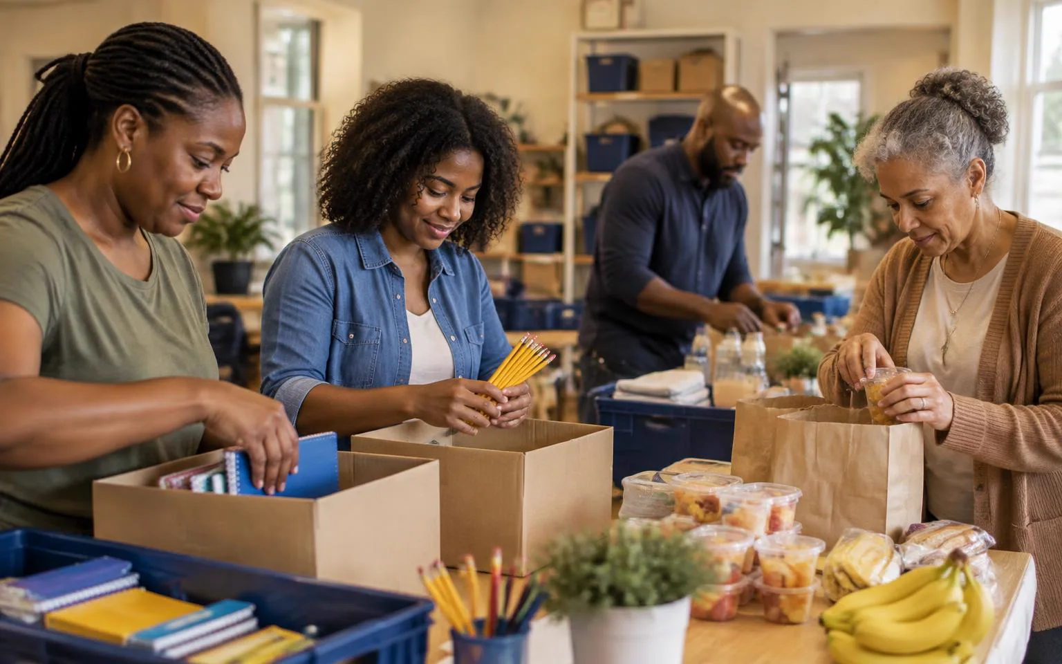 Volunteers prepare school supplies, hospitality items, and meal kits around a community worktable.