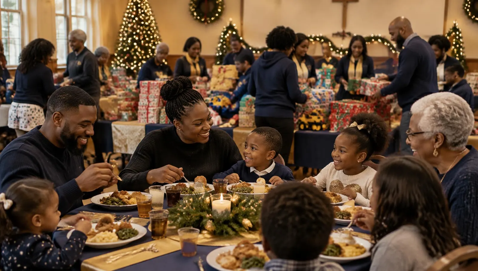 Volunteers organizing wrapped gifts while children and caregivers enjoy a holiday family dinner.