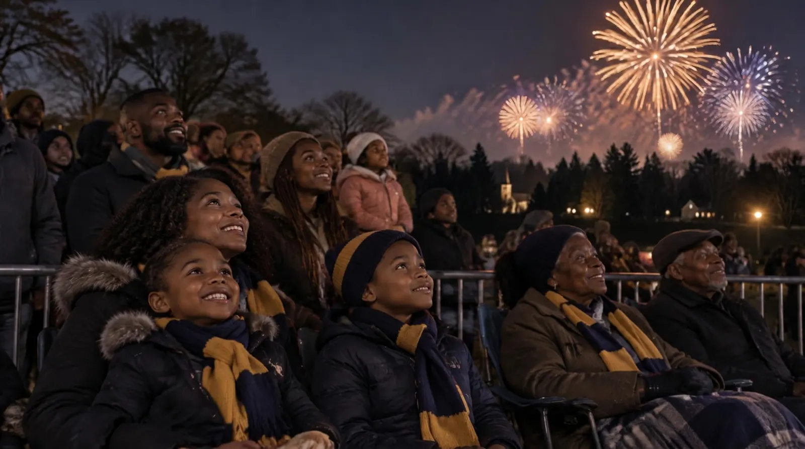Families, elders and children watching a distant professional fireworks display from a safe viewing area.