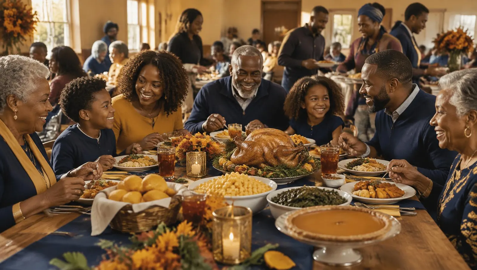 Families, elders and volunteers sharing a Thanksgiving meal around a long community table.