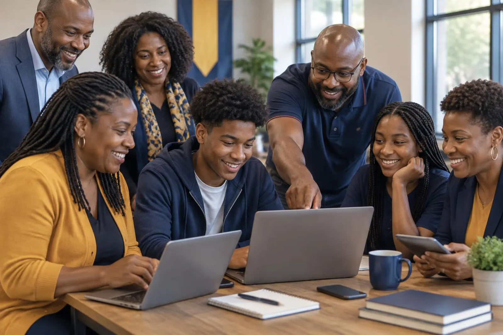 Adults, mentors and older teens learning together around laptops and phones at a wooden table.